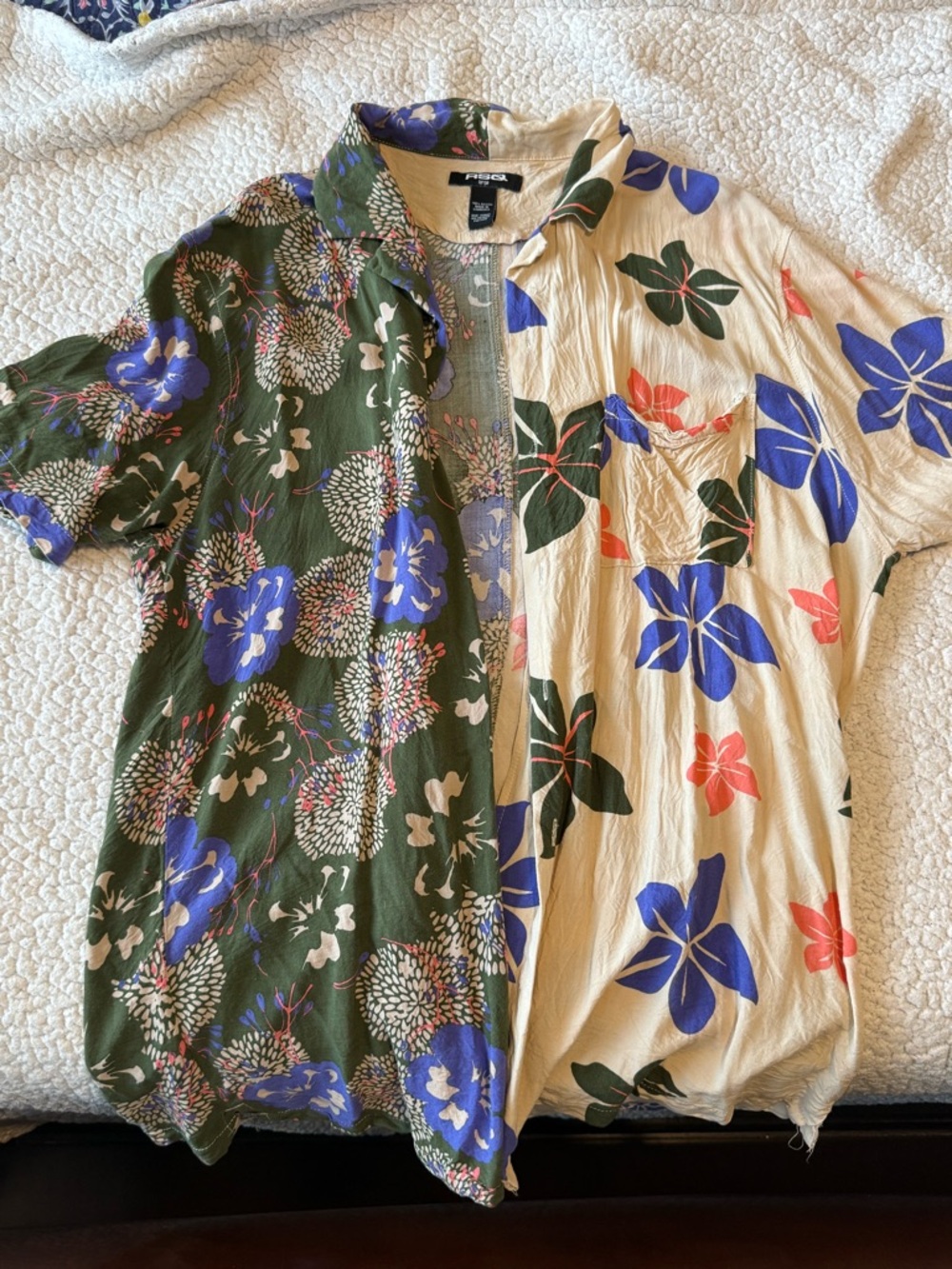 RSQ Two-Tone Floral Short Sleeve Button-Down Shirt - Green & Cream